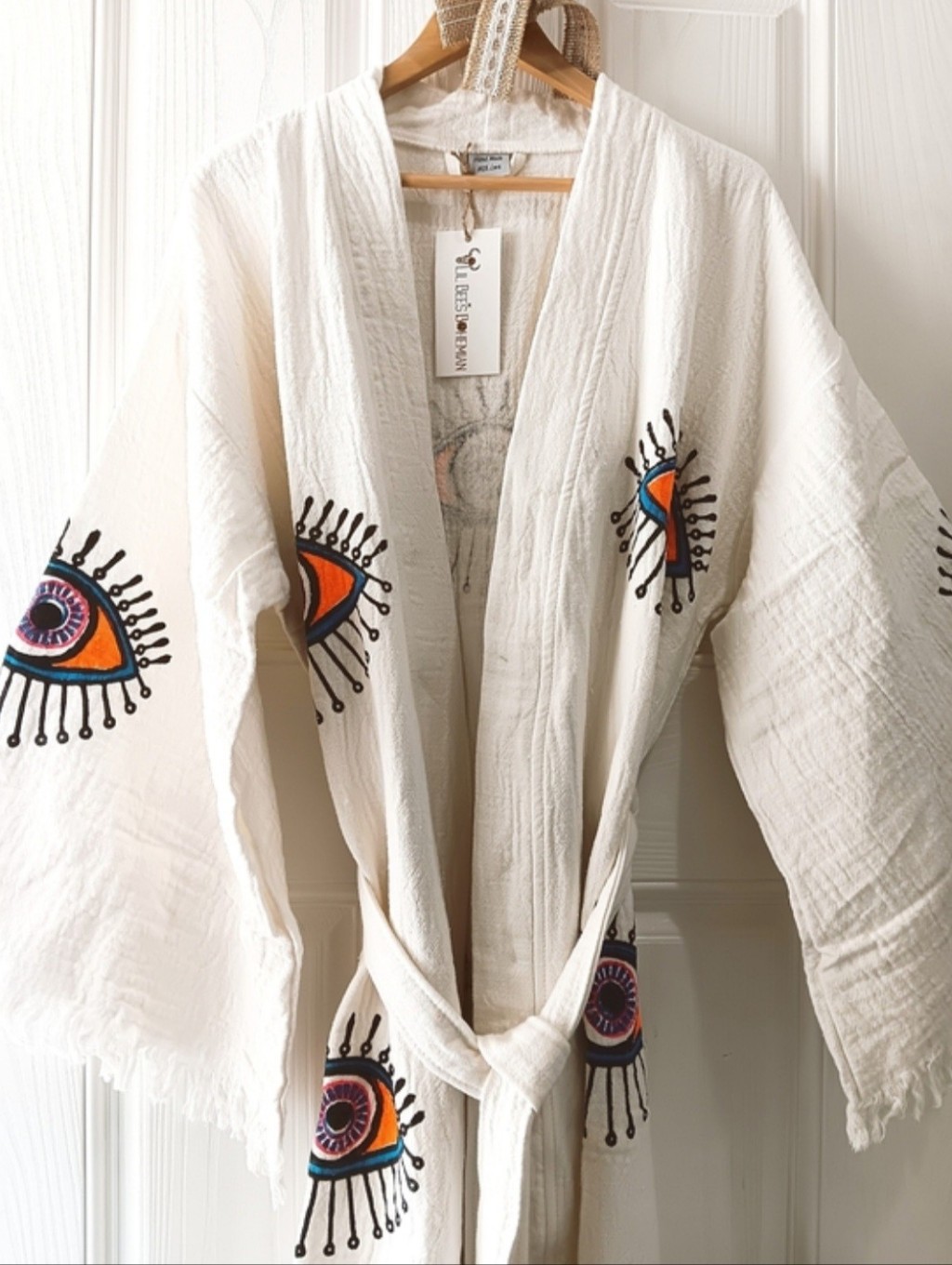 Lil Bees Bohemian Vibrant Handpainted & Embroidered Fringe Frayed Kimono Robe Os — image 3 of 8